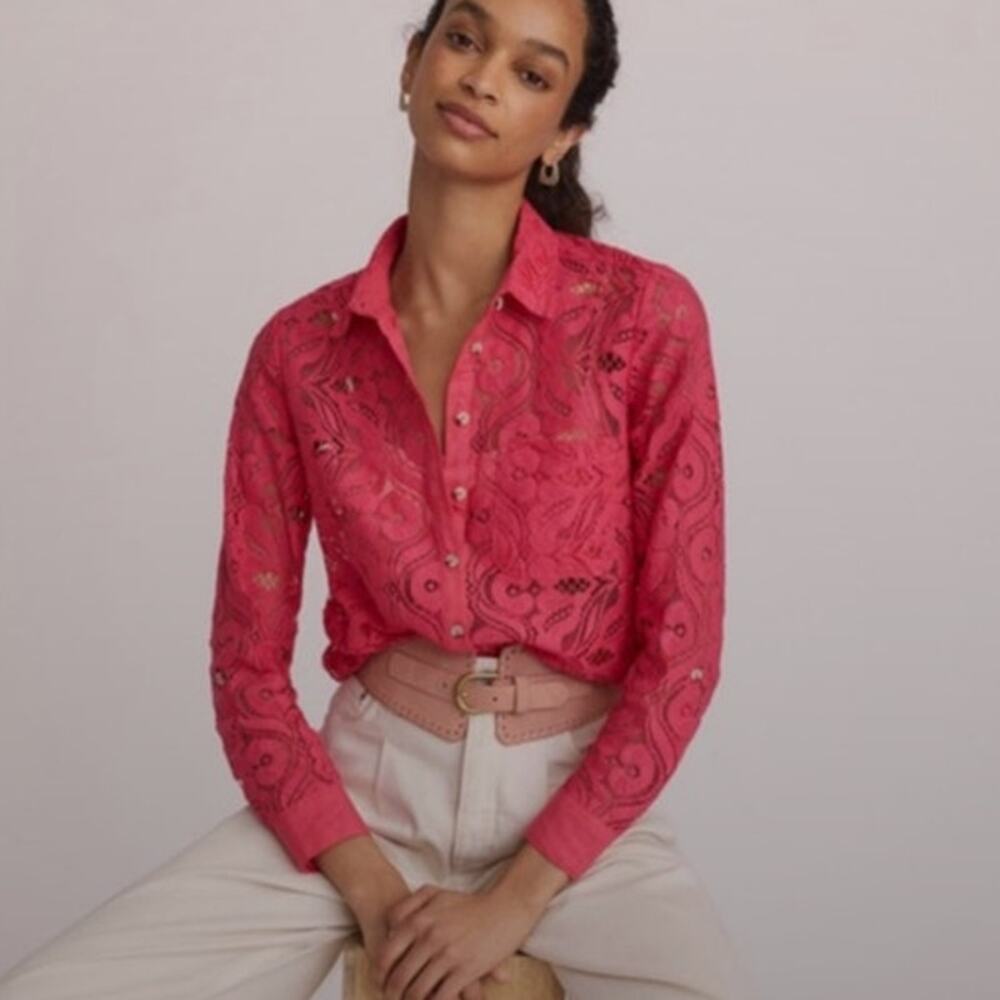 Maeve Anthropologie Pink Lace Button Down Blouse Womens Size 8 Long Sleeve Sheer